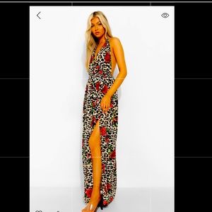 Maxi Leopard Rose Plunge Halter Dress